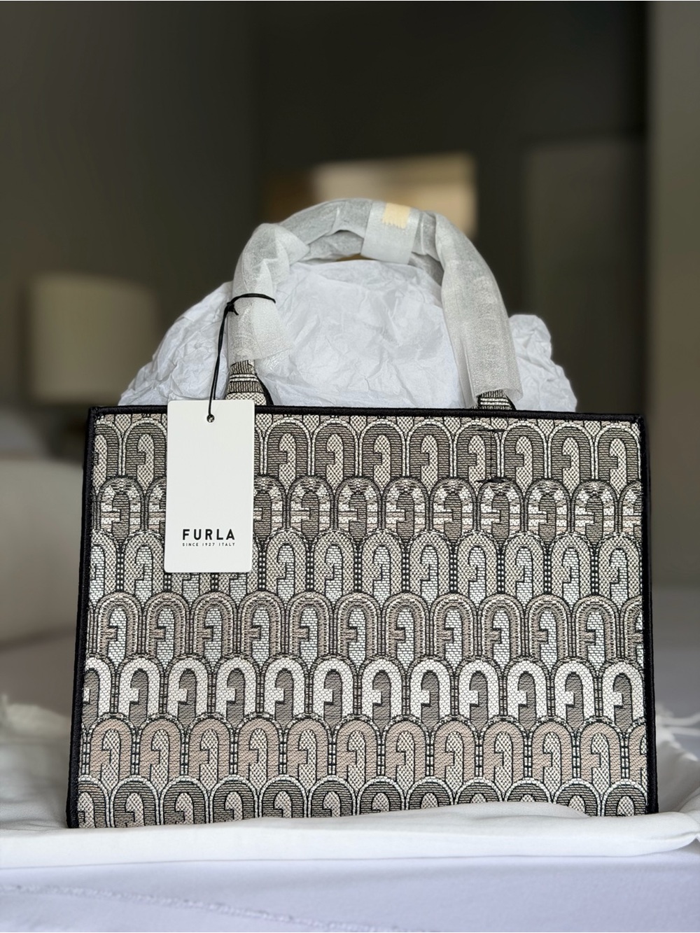 Furla Neutral Monogram Jacquard small tote